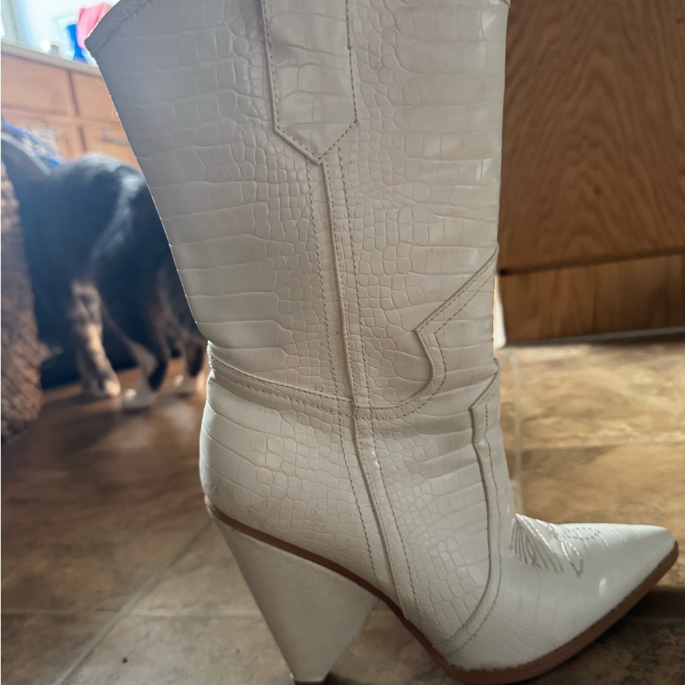 PrettyLittleThing White Croc-Embossed Heeled Boots